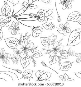 Apple flowers tree blossom, bud, leaf, branch botanical sketch hand drawn isolated on white, seamless vector floral pattern for greeting card, package design cosmetic, wedding invitation, wallpaper