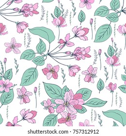 Apple flowers tree blossom colorful sketch hand drawn isolated on white background, seamless floral vector pattern, pink sakura for greeting card, package design cosmetic, wedding invite, wallpaper