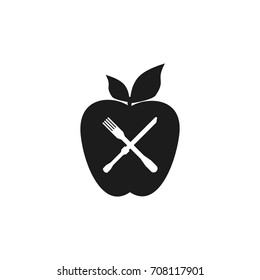 Apple with a fork and knife sign. Vector black icon on white background