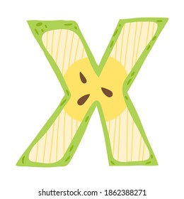 Apple in a form of letter X - fruit lettering design. Vector illustration.