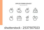 Apple Forms Icon Set. Simple Line Illustrations of Apples in Different Forms, Including Whole, Half, Sliced, Bitten, and Packaged. Organic Food, Fresh Produce, and Apple Based Healthy Eating.