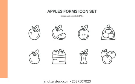 Conjunto de iconos de formularios de Apple. Línea simple de Ilustraciones de manzanas en diferentes formas, incluyendo enteras, medias, en rodajas, mordidas y envasadas. Comida orgánica, productos frescos y alimentación saludable a base de manzana.