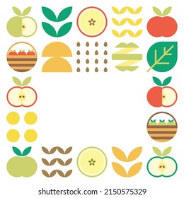 Apple frame abstract artwork. Design illustration of colorful apple pattern, leaves, and geometric symbols in minimalist style. Whole fruit, cut and split. Simple flat vector on a white background.