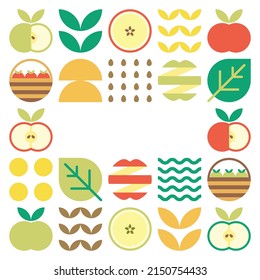 Apple frame abstract artwork. Design illustration of colorful apple pattern, leaves, and geometric symbols in minimalist style. Whole fruit, cut and split. Simple flat vector on a white background.