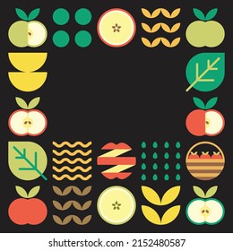 Apple frame abstract artwork. Design illustration of colorful apple pattern, leaves, and geometric symbols in minimalist style. Whole fruit, cut and split. Simple flat vector on a black background.