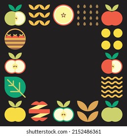 Pintura abstracta de marco de Apple. Ilustración de diseño de patrones de manzana coloridos, hojas y símbolos geométricos en estilo minimalista. fruta entera, cortada y dividida. Simple vector plano sobre un fondo negro.