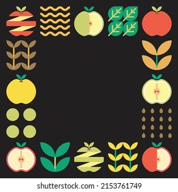 Pintura abstracta de marco de Apple. Ilustración de diseño de patrones de manzana coloridos, hojas y símbolos geométricos en estilo minimalista. fruta entera, cortada y dividida. Simple vector plano sobre un fondo negro.