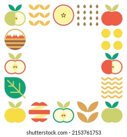 Apple frame abstract artwork. Design illustration of colorful apple pattern, leaves, and geometric symbols in minimalist style. Whole fruit, cut and split. Simple flat vector on a white background.