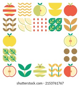 Apple frame abstract artwork. Design illustration of colorful apple pattern, leaves, and geometric symbols in minimalist style. Whole fruit, cut and split. Simple flat vector on a white background.