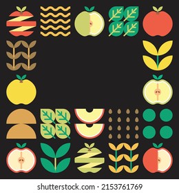 Apple frame abstract artwork. Design illustration of colorful apple pattern, leaves, and geometric symbols in minimalist style. Whole fruit, cut and split. Simple flat vector on a black background.