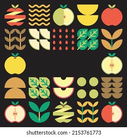 Apple frame abstract artwork. Design illustration of colorful apple pattern, leaves, and geometric symbols in minimalist style. Whole fruit, cut and split. Simple flat vector on a black background.
