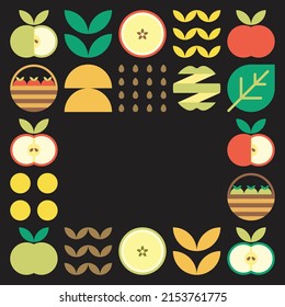 Apple frame abstract artwork. Design illustration of colorful apple pattern, leaves, and geometric symbols in minimalist style. Whole fruit, cut and split. Simple flat vector on a black background.