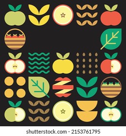 Apple frame abstract artwork. Design illustration of colorful apple pattern, leaves, and geometric symbols in minimalist style. Whole fruit, cut and split. Simple flat vector on a black background.