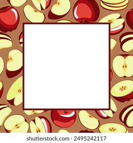apple frame. a lot of ripe apples are placed in a square frame. vector illustration of juicy apples, drawn in whole and in parts in a cartoon style, with a white empty space