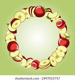 apple frame, a lot of ripe red apples are arranged in a round frame. Painted juicy sweet red fruits whole and in pieces in cartoon style. with a white empty circle. vector illustration