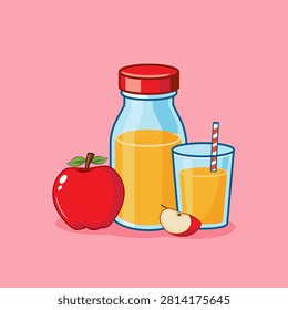 Apple and Fresh Apple Juice Bottle Vector Illustration Cartoon Design