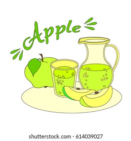 Apple fresh juice with glass and carafe on white field