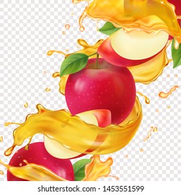 Apple fresh juice realistic illustration Vitamin sweet liquid flowing in motion and red apple slices.