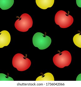 Apple. Fresh, juicy fruit. Seamless vector pattern on isolated black background. Flat style. The idea of illustrations for a phone case, book cover, wrapping paper, wallpaper. Vitaminization.