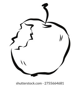 Apple fruit with bite mark illustrated in simple line style representing fresh healthy snack concept. Vector hand drawn illustration.
