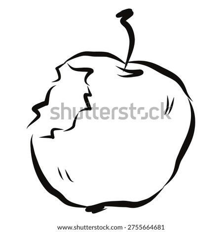 Apple fruit with bite mark illustrated in simple line style representing fresh healthy snack concept. Vector hand drawn illustration.