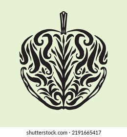 Fruto de manzana con patrón simétrico negro ilustración vectorial floral sobre fondo verde para la decoración