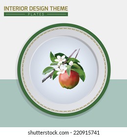 Apple Fruit & Blossom dinner plate design vector template. Home interior decor element. Dinner plate with floral motif &decorative border. Modern interior design element. Vector illustration. Editable