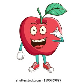 Apple fruit cartoon character with call me hand sign and funny smile face
