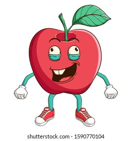 Apple fruit cartoon character with funny stupid or crazy expression