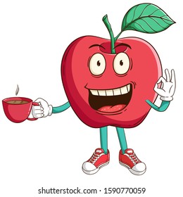 Apple fruit cartoon character holding a cup of coffee with ok hand sign and funny smile face