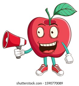 Apple fruit cartoon character holding megaphone with funny smile face