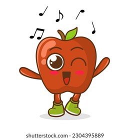 apple Fruit cartoon mascot character Listening music. Cute apple cartoon character dances to music