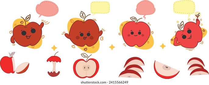  apple fruit cartoon, a for apple cartoon with speech bubble,apple slices, vector isolated,apple cartoon,funny cute