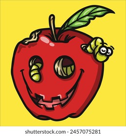 Apple fruit celebrate halloween day becomes monster with only friend mr worm.