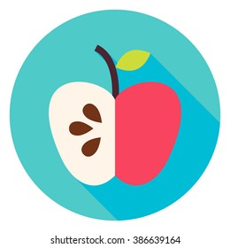 Apple Fruit Circle Icon. Flat Design Vector Illustration with Long Shadow. Dieting and Healthy Food Lifestyle Symbol.