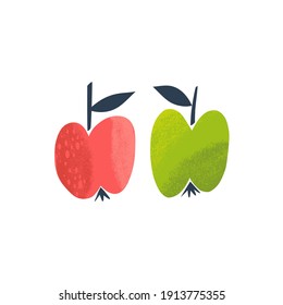 Apple Fruit Clip-art Isolated On White Background. Flat Vector Paper Cut Brush Textured Veggie Illustration Bright Coloured Summer Fruity Art Print For Kids