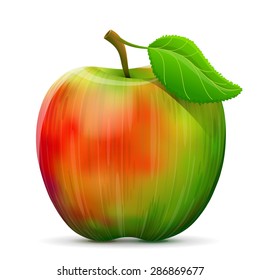 Apple fruit close up. Apple with leaf isolated on white background. Qualitative vector illustration about apple, agriculture, fruits, cooking, gastronomy, etc