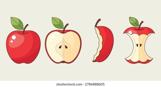 Apple fruit collection illustration featuring fresh red apples sliced pieces and healthy food concept for nutrition and grocery design projects