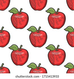 Apple fruit color seamless pattern background sketch engraving vector illustration. T-shirt apparel print design. Scratch board imitation. Black and white hand drawn image.