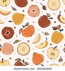 Apple Fruit Colorful Background. Autumn Seamless Pattern with Apples, Leaves and Apple Slices. Summer Fruits Wallpaper. Healthy Food Background