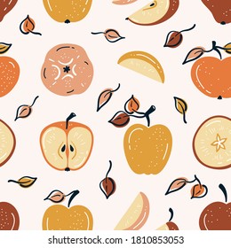 Apple Fruit Colorful Background. Autumn Seamless Pattern with Apples, Leaves and Apple Slices. Summer Fruits Wallpaper. Healthy Food Background