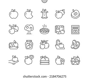 fruta de manzana. Cocina, recetas y precios. manzanas enteras y cortadas. Tienda de comida, supermercado. Menú para la cafetería. Iconos De Línea Delgada De Vector Perfecto De Pixel. Pictograma mínimo simple