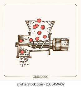 Apple fruit crusher. Equipment for the production of cider. Grinder apple. Vintage sketch garden background. Hand drawn design. Vector illustration. 