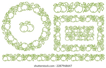 Apple fruit design kit. Ornament set. Frame line ornament. Editable outline stroke. Vector line.