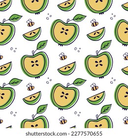 Apple fruit in doodle style. Seamless pattern. Can be used to fill web page background, textile, wrapping paper. Vector