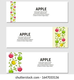 Apple fruit flat illustration with leaves vector banner background set of 3. Scalable and editable. Vector design for banner, background, card, landing page, brochure, flyer, cover
