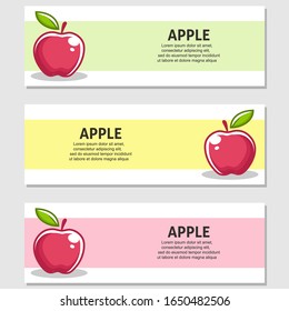 Apple fruit flat illustration with leaves vector banner background set of 3. Scalable and editable. Vector design for banner, background, card, landing page, brochure, flyer, cover