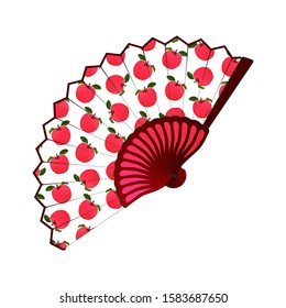 Apple fruit folding fan, vector illustration isolated on white background. Decorative hand or handheld fan.