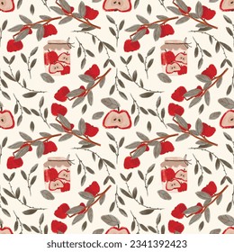 Apple fruit with foliage pattern. Fruit seamless background or wallpaper. 