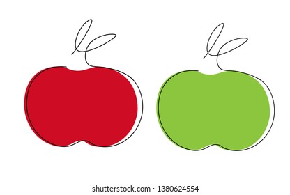 Apple fruit green and red one line drawing vector illustration